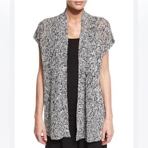 Eileen Fisher Black/White Short-Sleeve Melange Linen Grain Twist Cardigan
